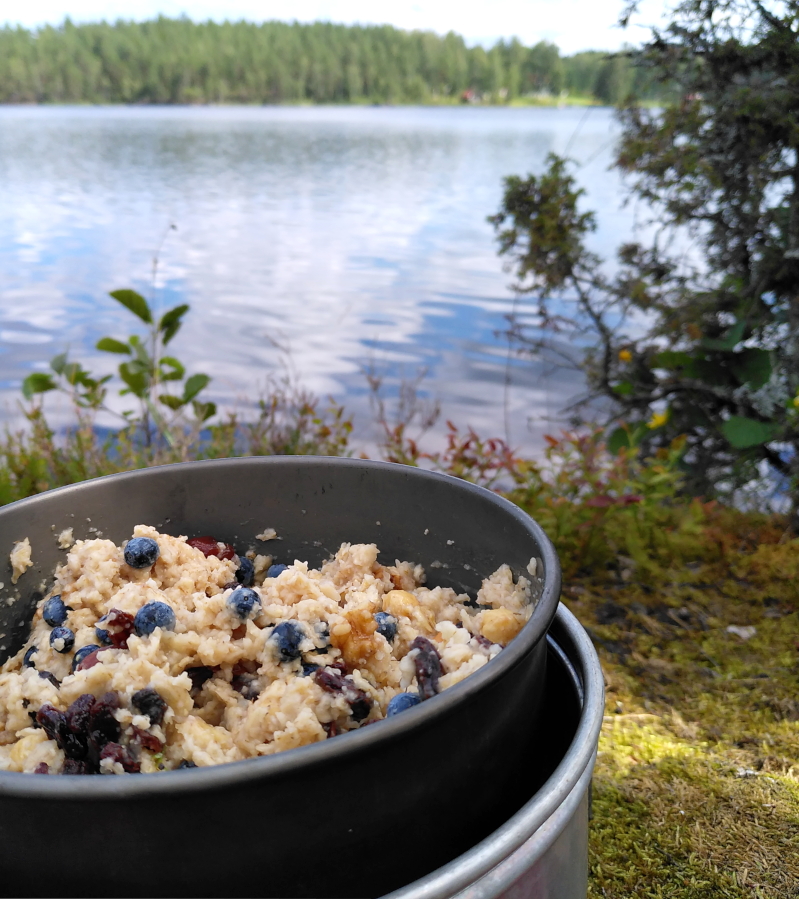 A pot of porridge with raisins, nuts and freshly picked bog bilberries on a camping stove in front of a lake. The pot is in focus, the lake and trees behind it blurry.