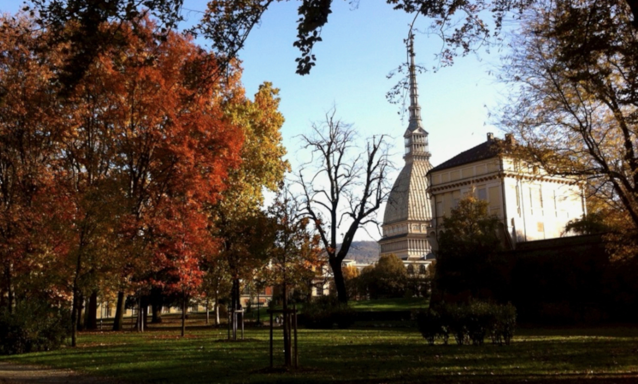 The Mole Antonelliana seen through the foilage of the Turin Royal Gardens. It is autumn and some trees are red and yellow while others already bare.